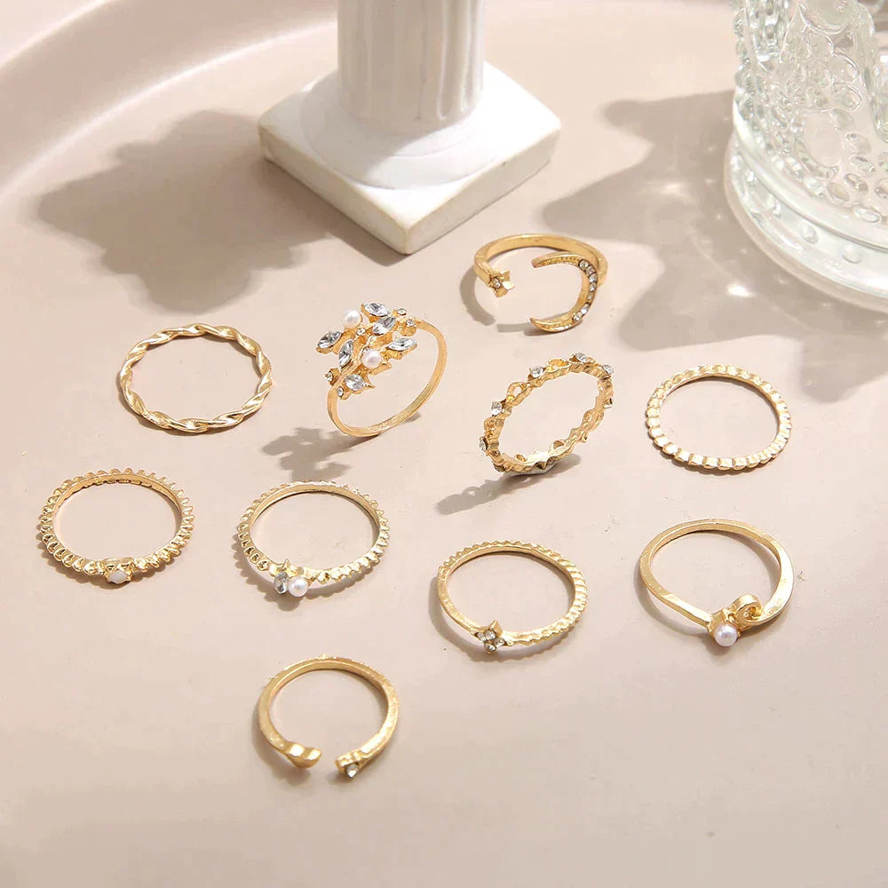 Women's Bohemian Silver and Gold Rings - 10 Pairs for Everyday Wear