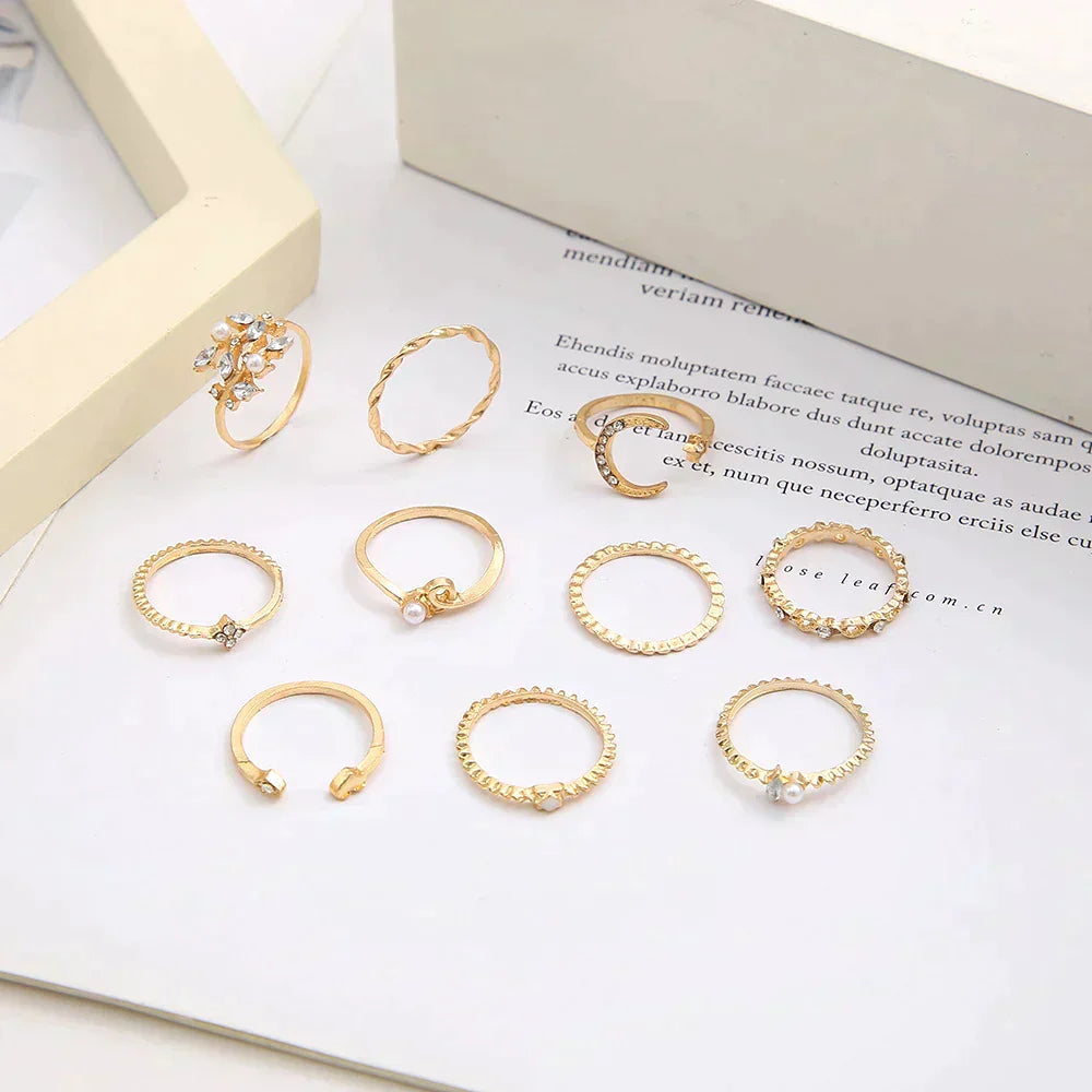Women's Bohemian Silver and Gold Rings - 10 Pairs for Everyday Wear