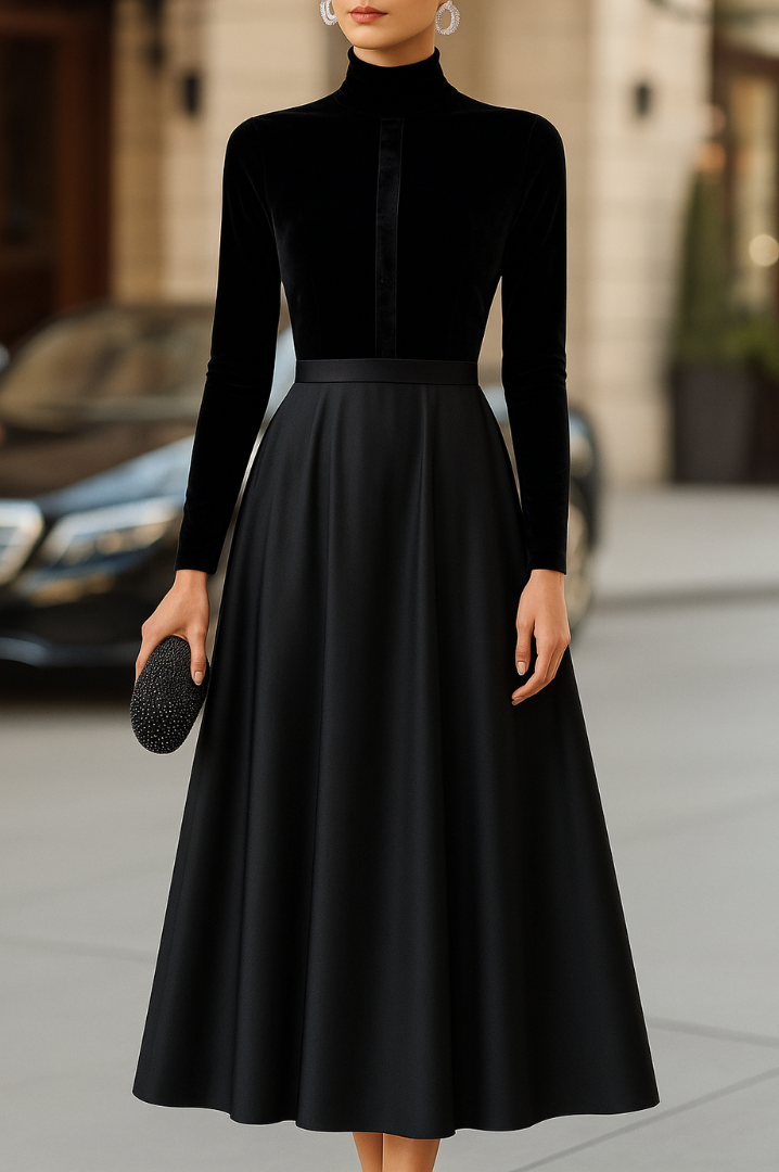 Women's Velvet and Satin Midi Dress - Elegant Evening Style