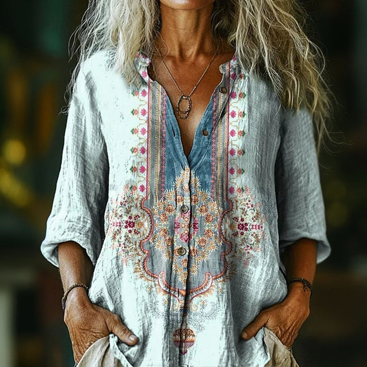 Women's Printed Henley Blouse - Folk Inspired Pattern