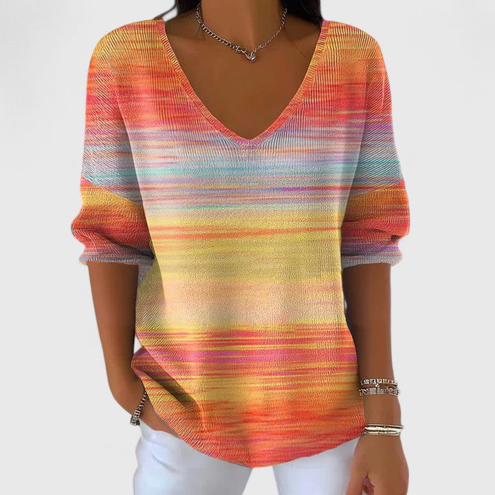 Women's Striped V-Neck Knit Top - Vibrant Everyday Style