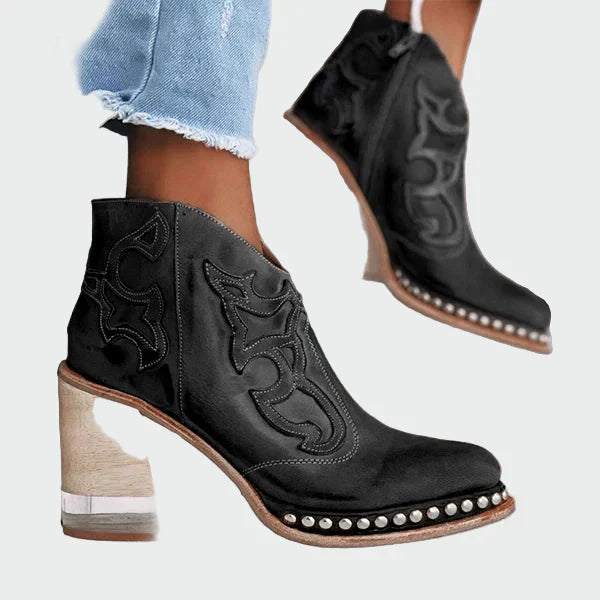 Women's Embroidered Leather Western Boots - Western Style Ankle Boots