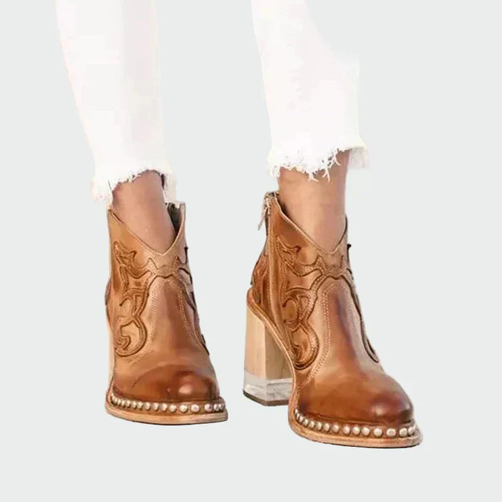 Women's Embroidered Leather Western Boots - Western Style Ankle Boots