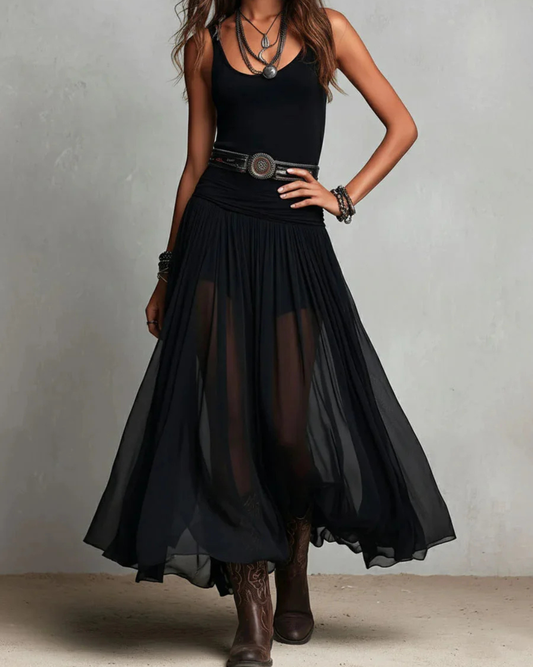 Women's Chiffon Double Layer Dress - Elegant Hourglass Silhouette