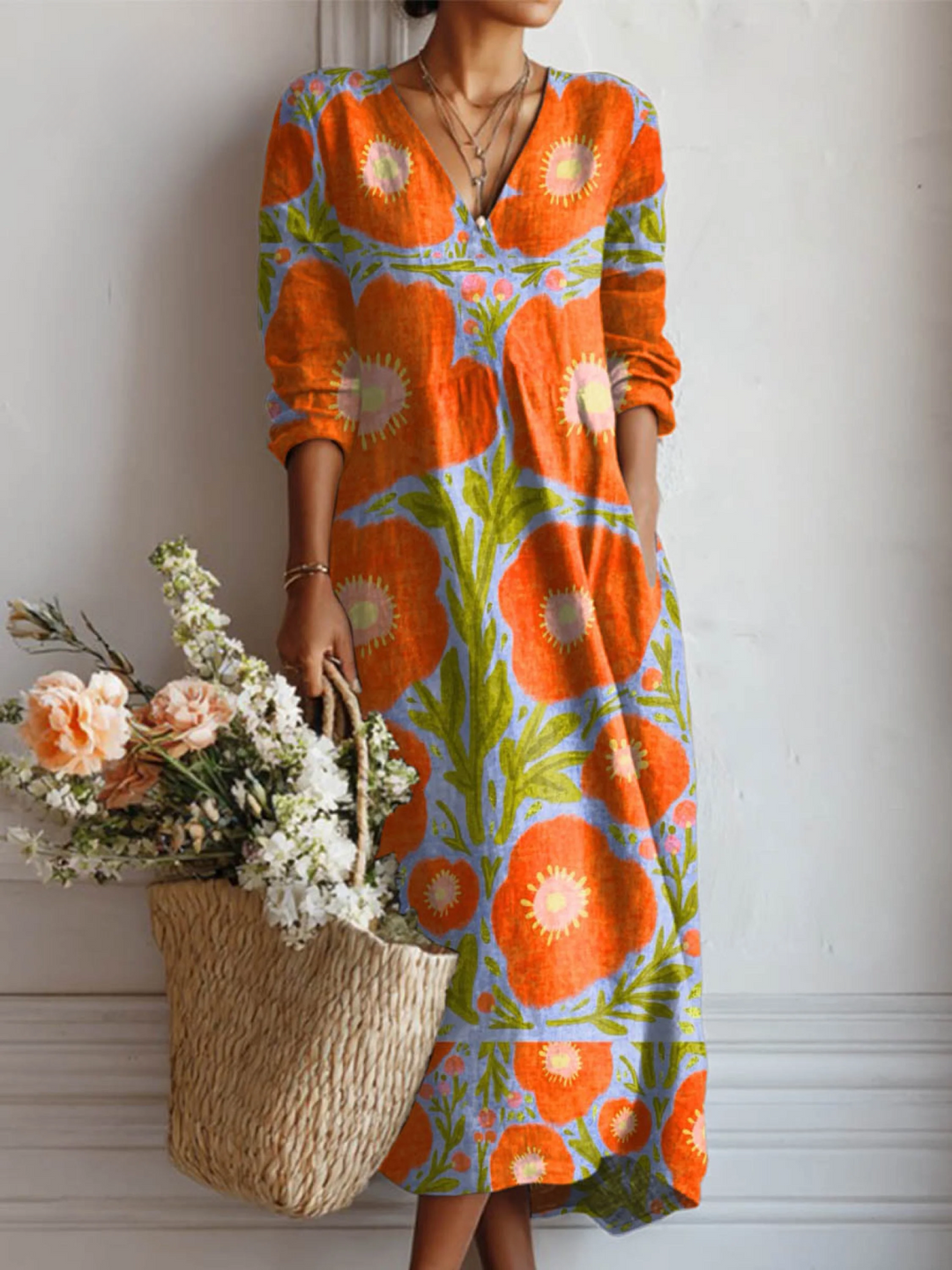 Women's Artistic Bloom Midi Dress - Effortless Everyday Elegance