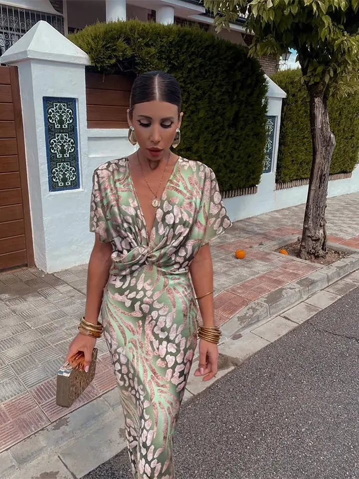 Women's Printed Twist Front Maxi Dress - Elegant Movement