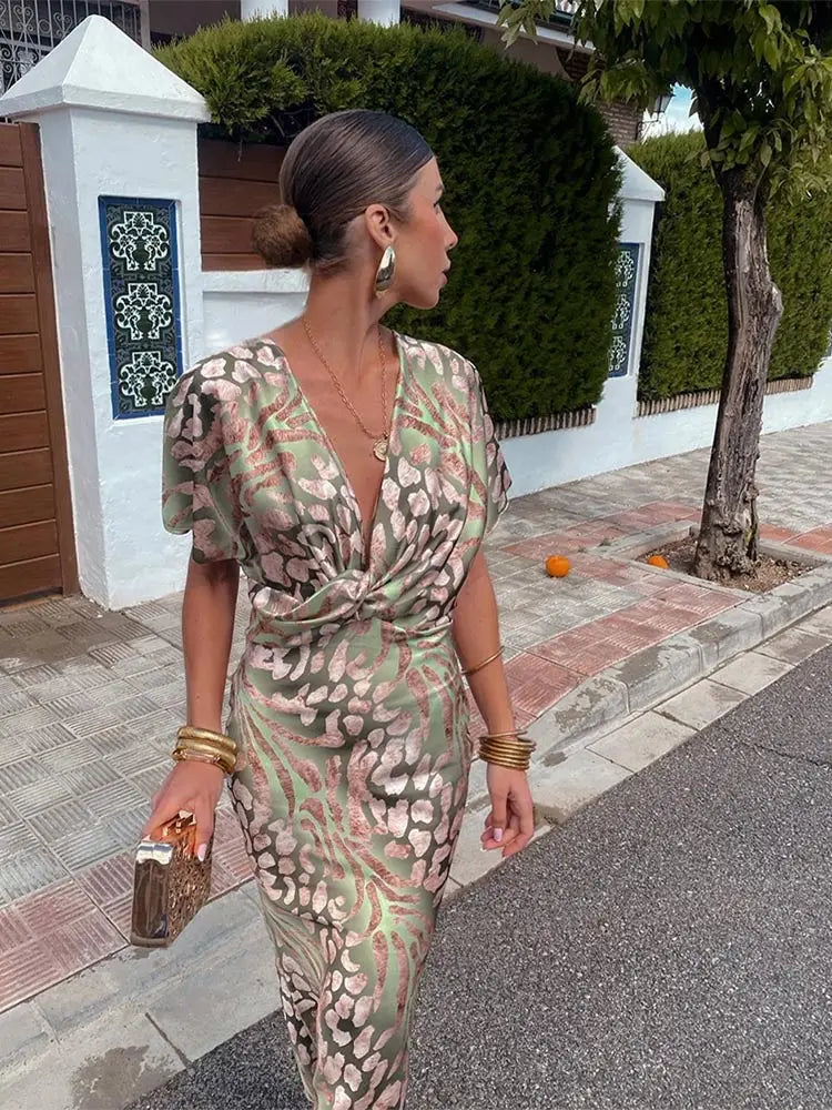 Women's Printed Twist Front Maxi Dress - Elegant Movement