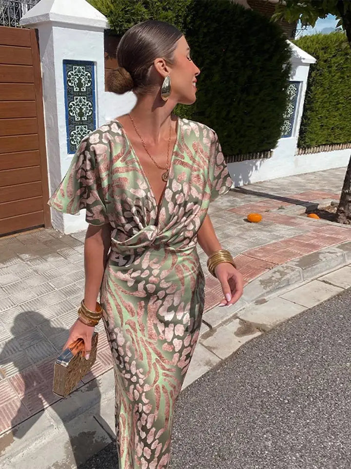 Women's Printed Twist Front Maxi Dress - Elegant Movement