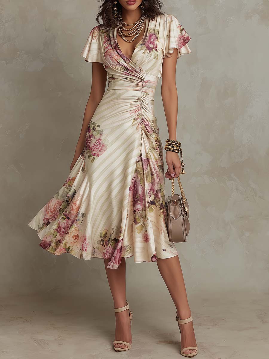 Women's Floral Draped Midi Dress - Elegant & Romantic
