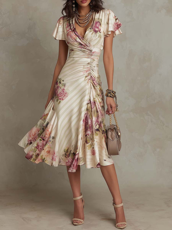 Women's Vintage Floral Satin Midi Dress - Effortless Summer Style