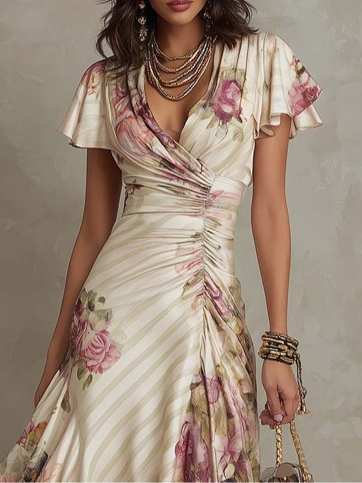 Women's Vintage Floral Satin Midi Dress - Effortless Summer Style