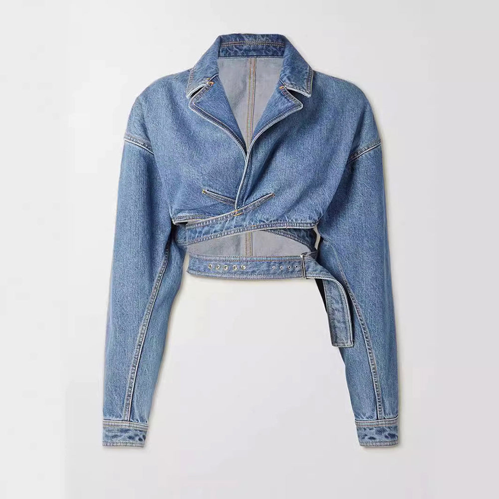 Women's Emilia Cropped Denim Jacket – Soft Blue Cutwork Detail