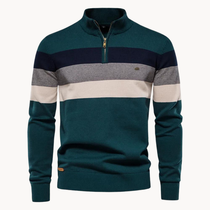 Men's Cotton Quarter-Zip Jumper – Striped Stretch Knit