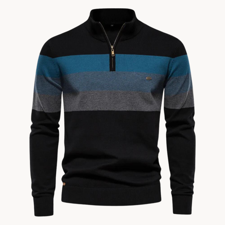 Men's Cotton Quarter-Zip Jumper – Striped Stretch Knit