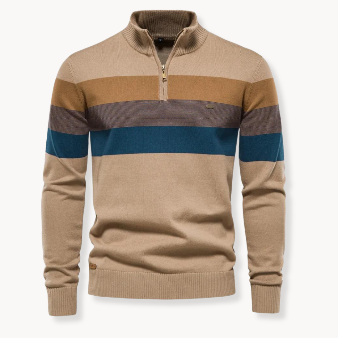 Men's Cotton Quarter-Zip Jumper – Striped Stretch Knit