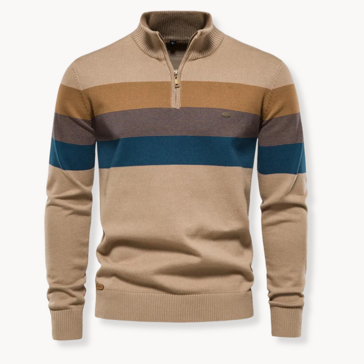 Men's Cotton Quarter-Zip Jumper – Striped Stretch Knit