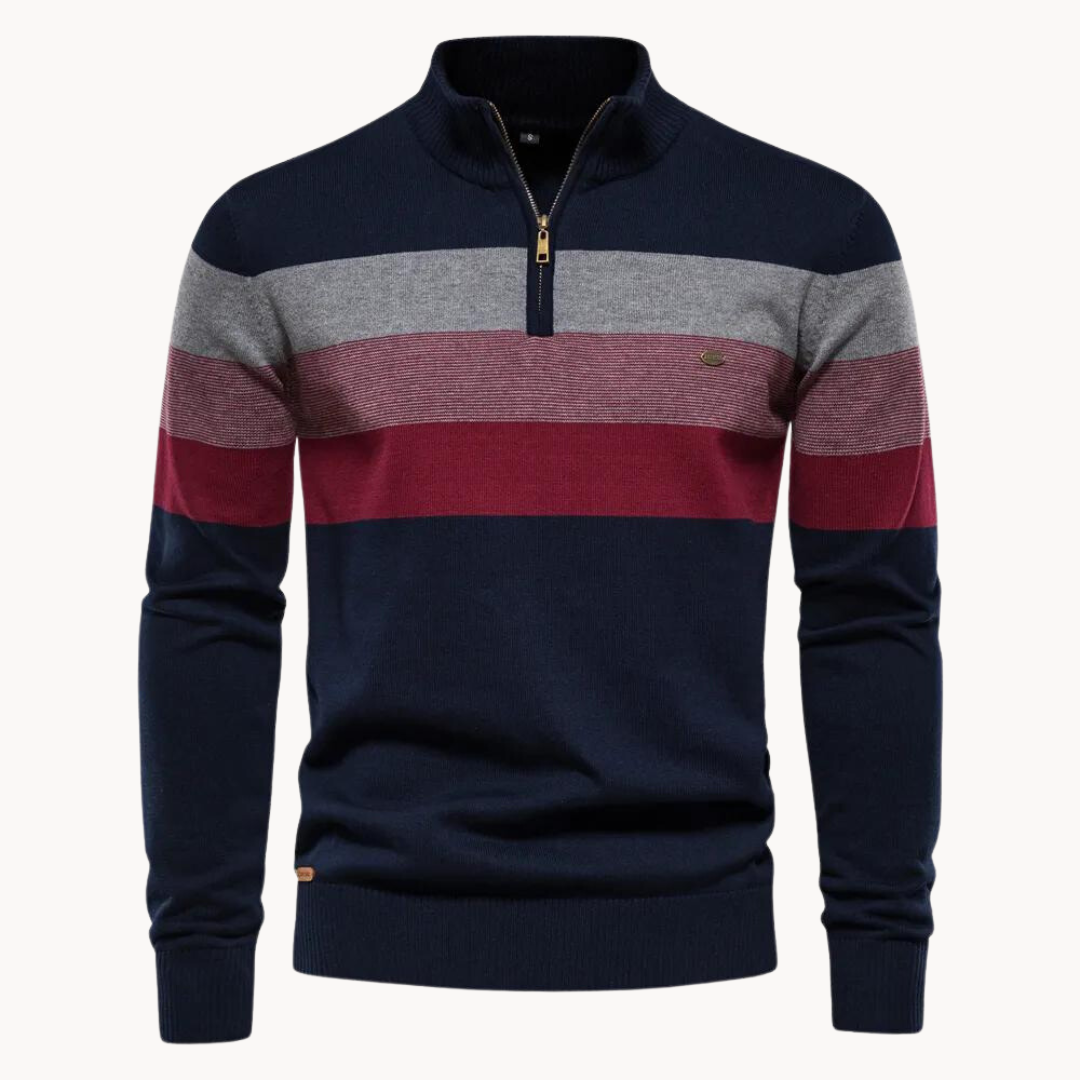 Men's Cotton Quarter-Zip Jumper – Striped Stretch Knit