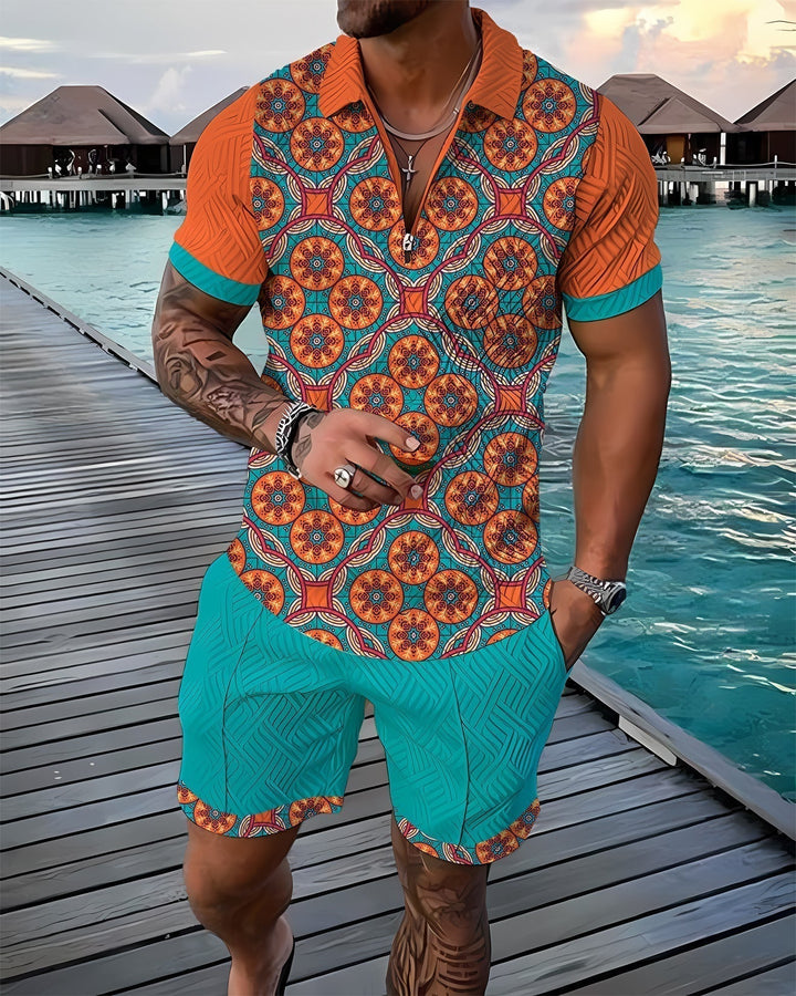 Men's Smiley Print Polo and Shorts Set - Summer Vacation Style