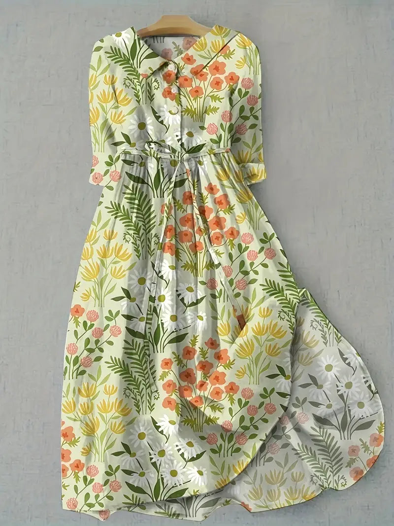 Women's Cotton-Linen Floral Tummy-Flattening Dress