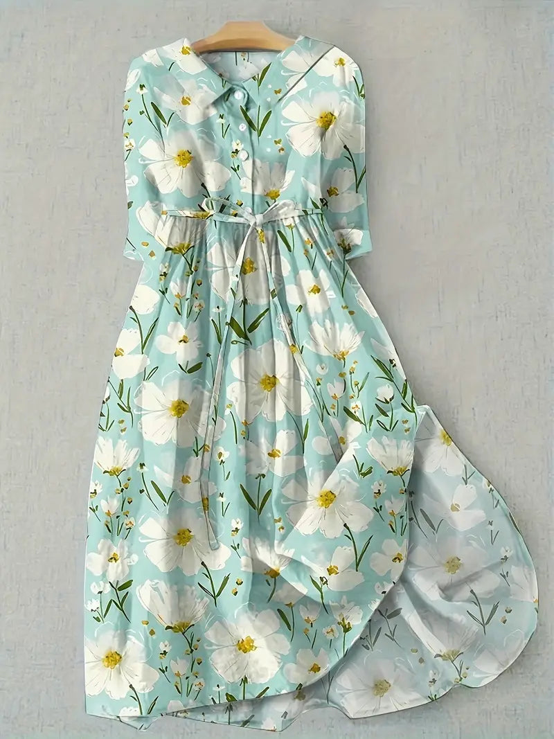 Women's Floral Midi Dress - Tummy-Flattering & Breathable