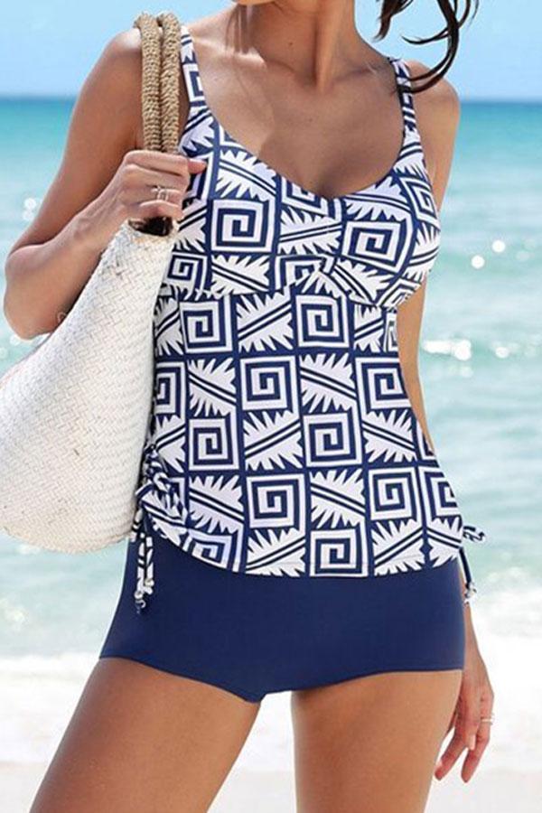 Women's Blue Printed Tankini - Flattering Swimwear for Sunny Days