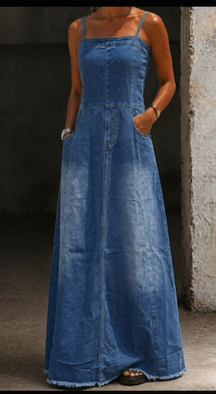 Women's Vintage Acid Wash Denim Maxi Dress - Effortless Everyday Style