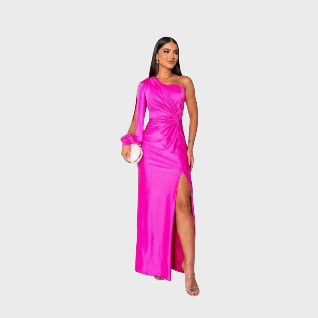Women's Satin Asymmetric One-Shoulder Maxi Dress - Evening Elegance