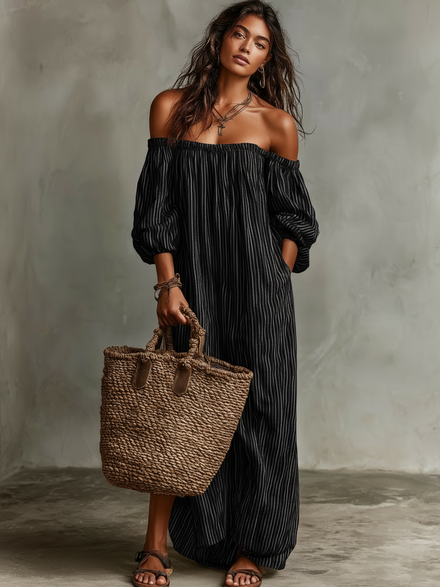 Women's Cotton-Linen Off-Shoulder Maxi Dress - Vacation Ready