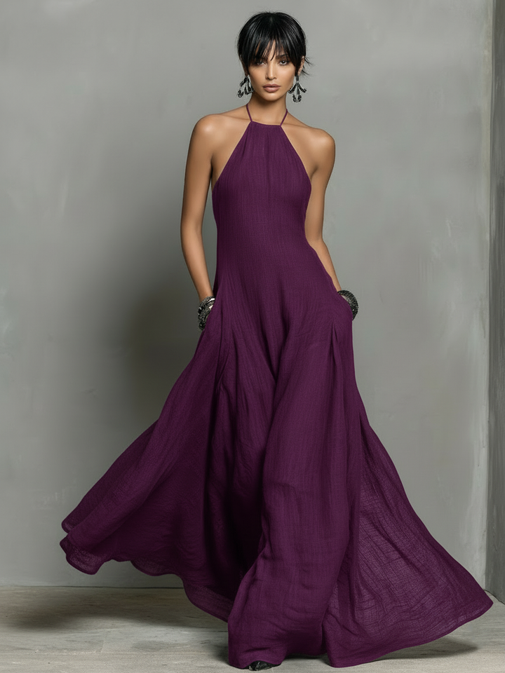 Women's Linen Blend Halter Maxi Dress - Effortless Summer Style