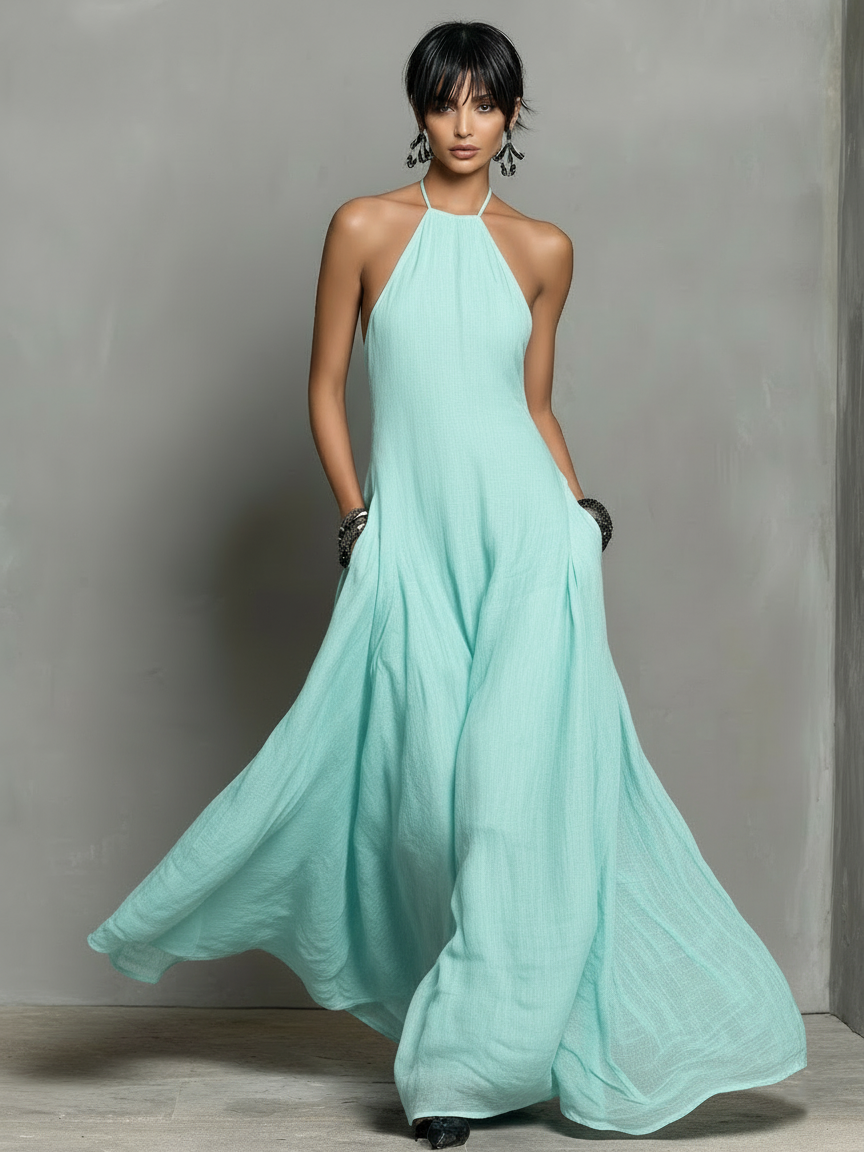 Women's Linen Blend Halter Maxi Dress - Effortless Summer Style