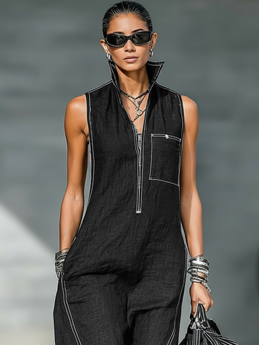 Women's Lightweight Minimalist Jumpsuit with Contrasting White Accents