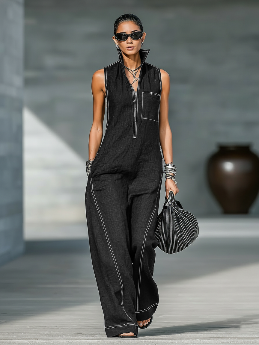 Women's Lightweight Minimalist Jumpsuit with Contrasting White Accents