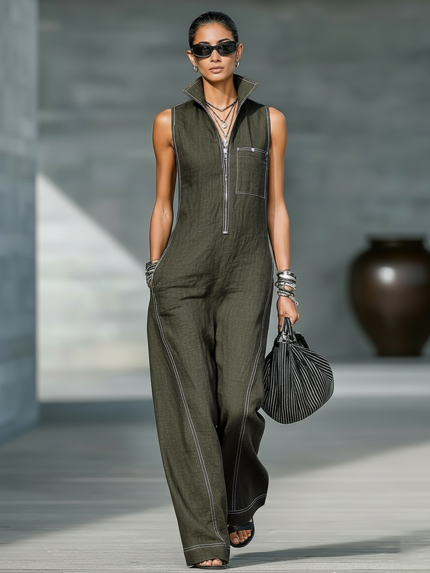 Women's Lightweight Minimalist Jumpsuit with Contrasting White Accents