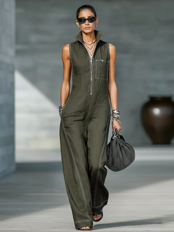Women's Lightweight Minimalist Jumpsuit with Contrasting White Accents