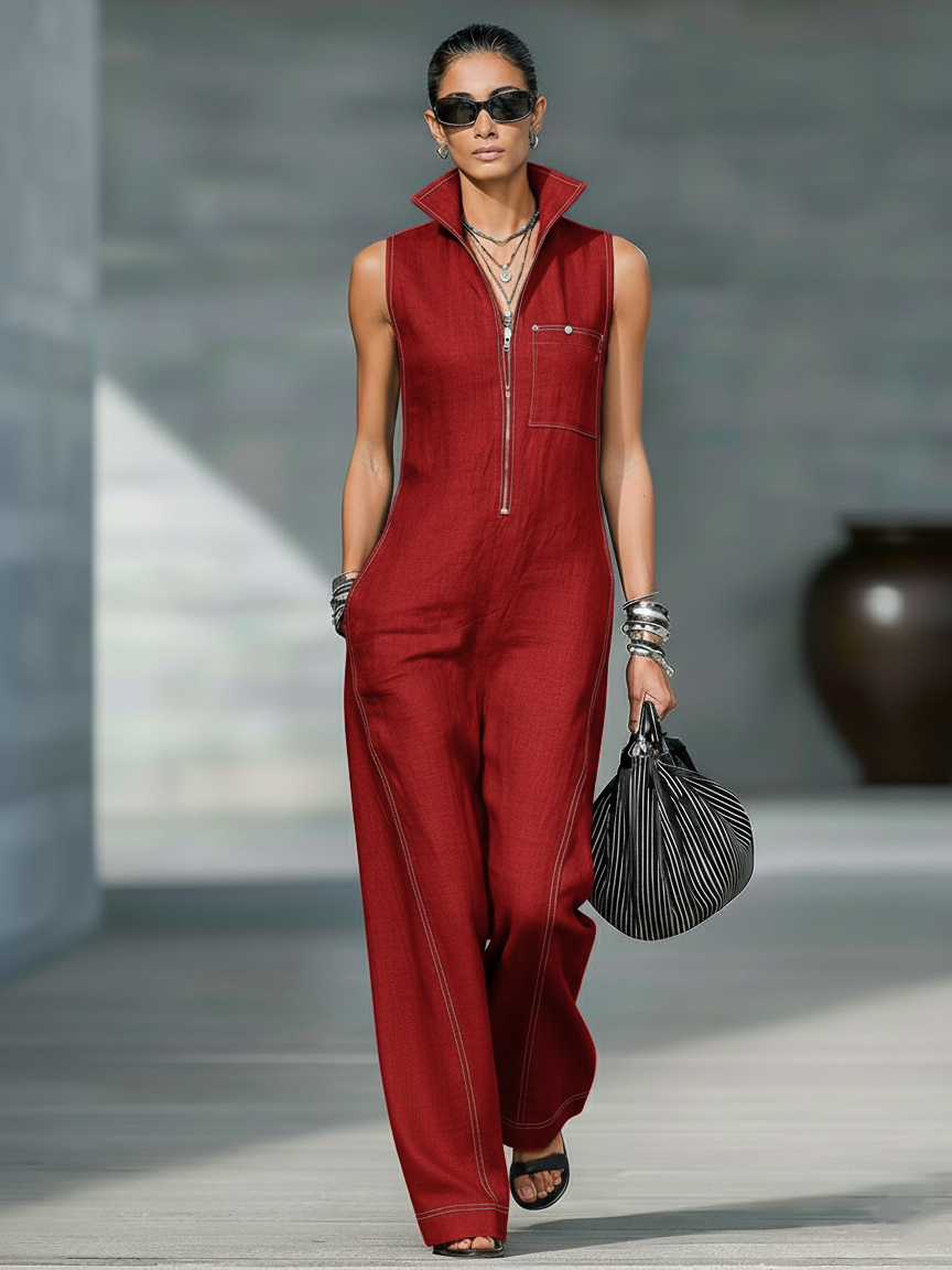Women's Lightweight Minimalist Jumpsuit with Contrasting White Accents