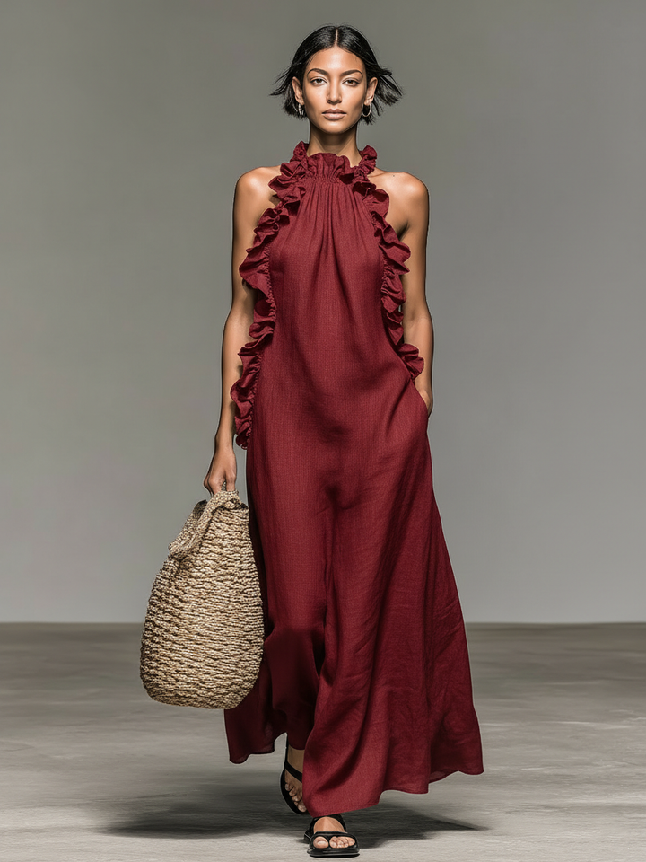 Women's Linen-blend Sleeveless Ruffle Maxi Dress - Minimalist Summer