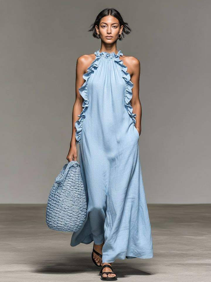Women's Linen-blend Sleeveless Ruffle Maxi Dress - Minimalist Summer