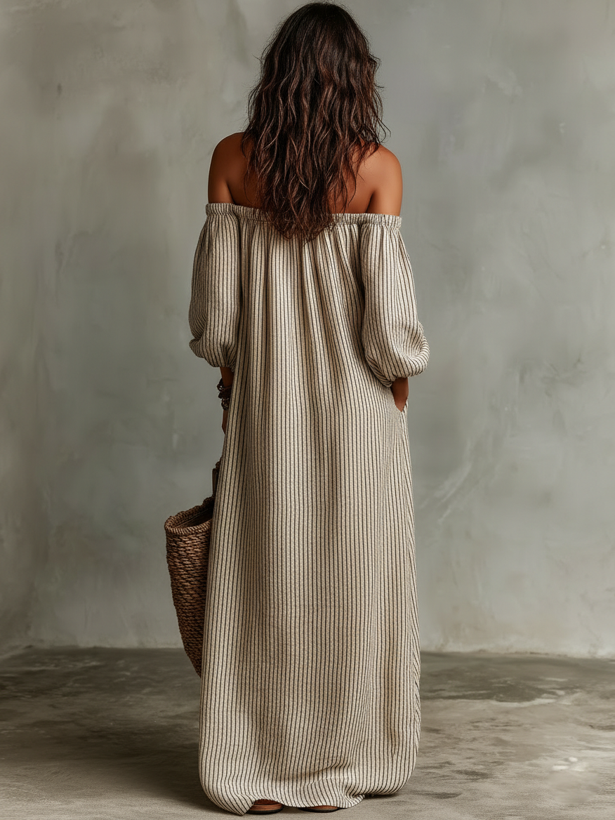 Women's Cotton-Linen Off-Shoulder Maxi Dress - Vacation Ready