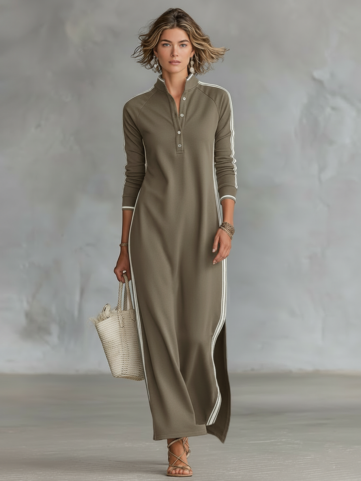 Women's Sweatshirt Maxi Dress - Button-Down Collar & White Trim