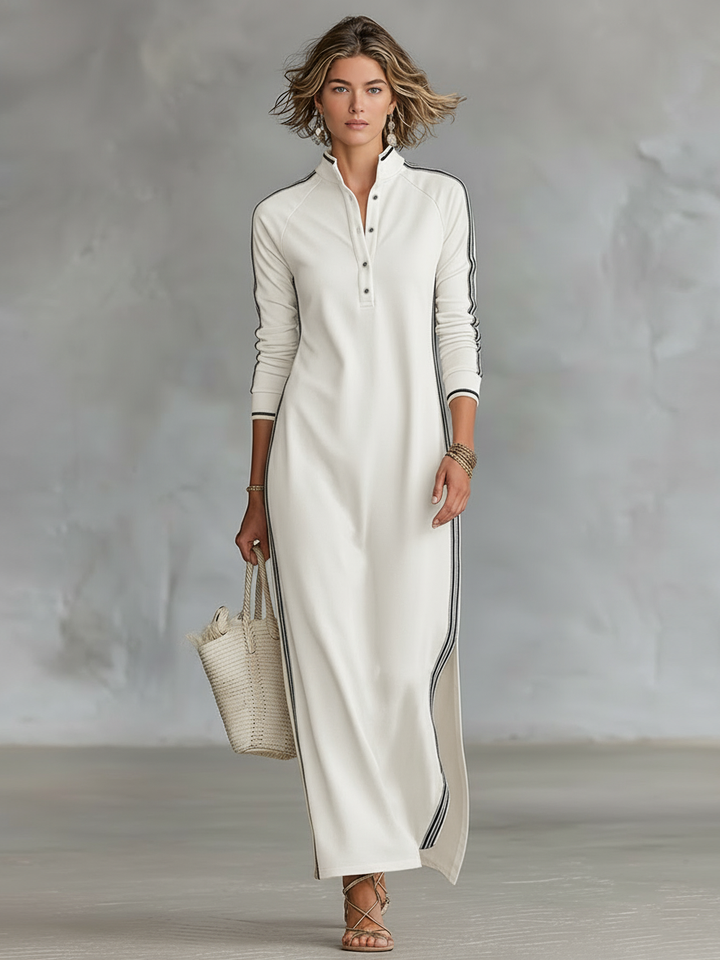 Women's Sweatshirt Maxi Dress - Button-Down Collar & White Trim