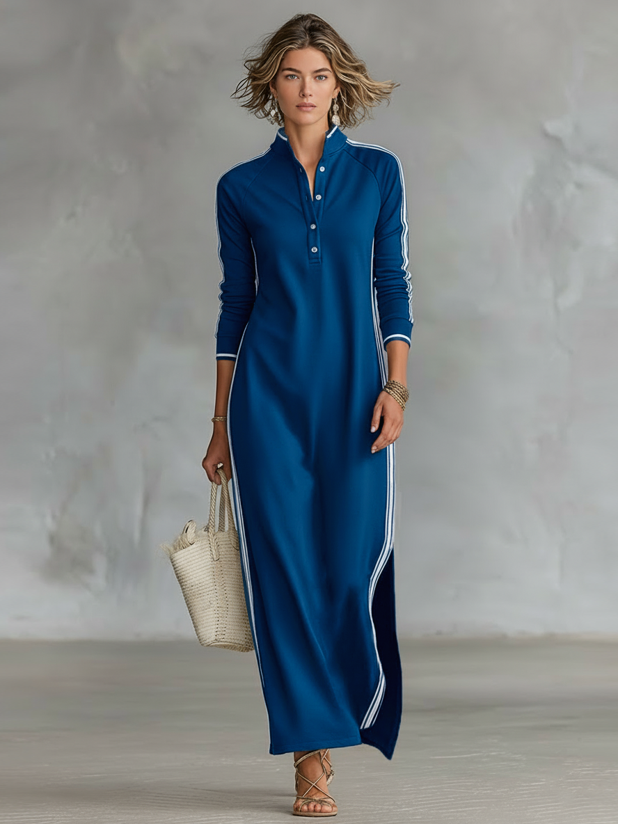 Women's Sweatshirt Maxi Dress - Button-Down Collar & White Trim