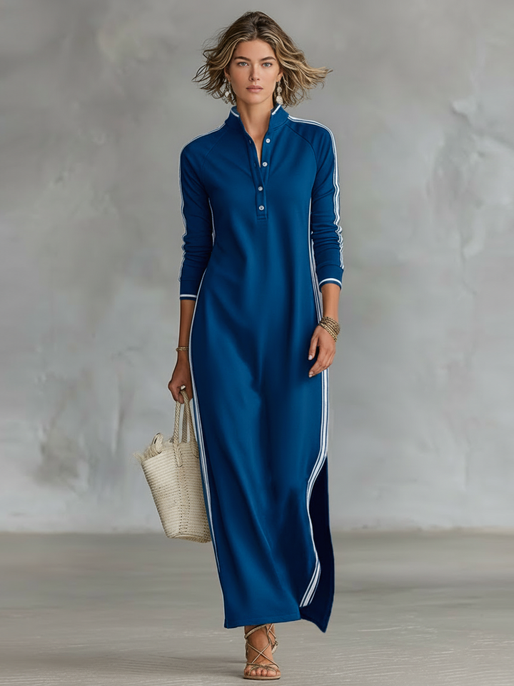 Women's Sweatshirt Maxi Dress - Button-Down Collar & White Trim