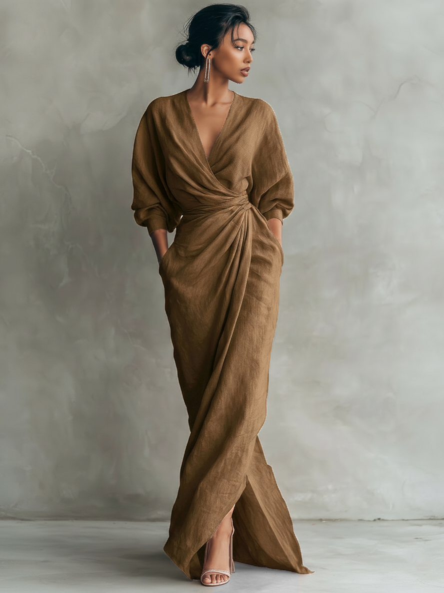 Women's Minimalistic V-Neck Maxi Dress - Effortless Elegance