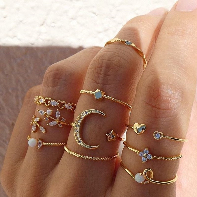 Women's Bohemian Silver and Gold Rings - 10 Pairs for Everyday Wear