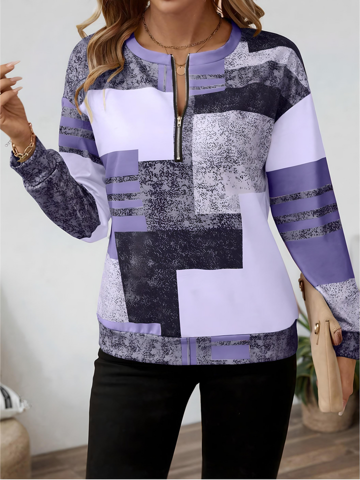 Women's Abstract Print Zip Front Blouse - Modern Everyday Top