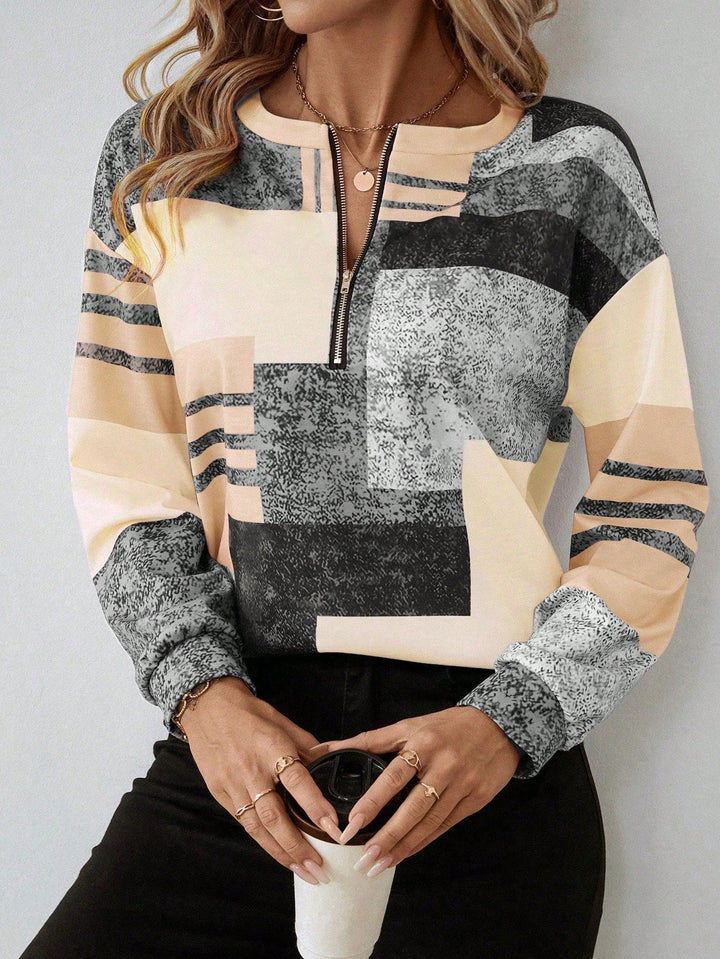 Women's Abstract Print Zip Front Blouse - Modern Everyday Top