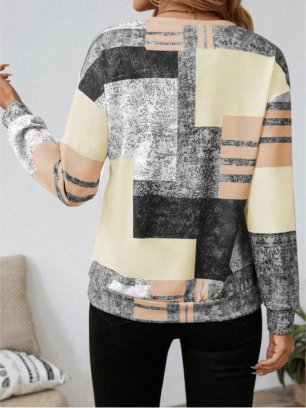 Women's Abstract Print Zip Front Blouse - Modern Everyday Top
