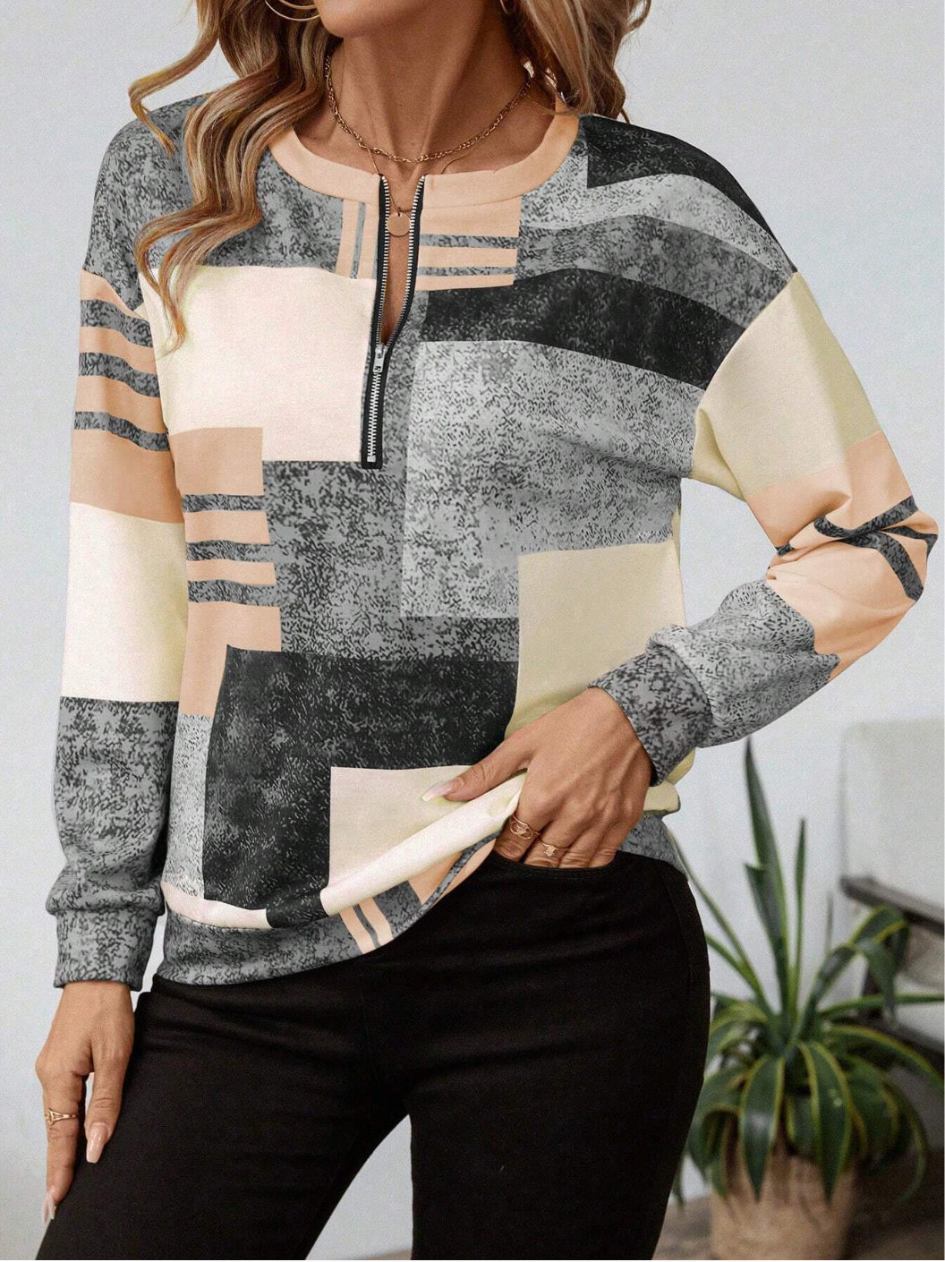 Women's Abstract Print Zip Front Blouse - Modern Everyday Top