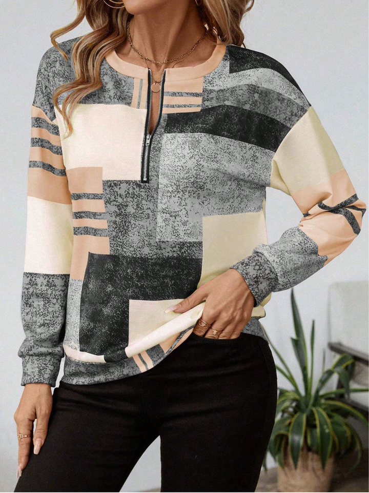 Women's Abstract Print Zip Front Blouse - Modern Everyday Top