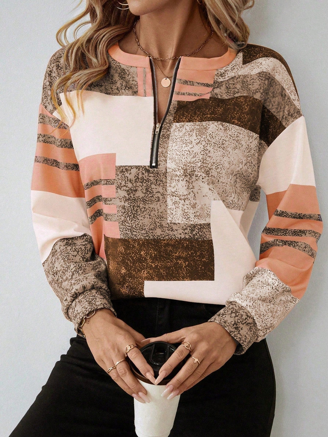 Women's Abstract Print Zip Front Blouse - Modern Everyday Top